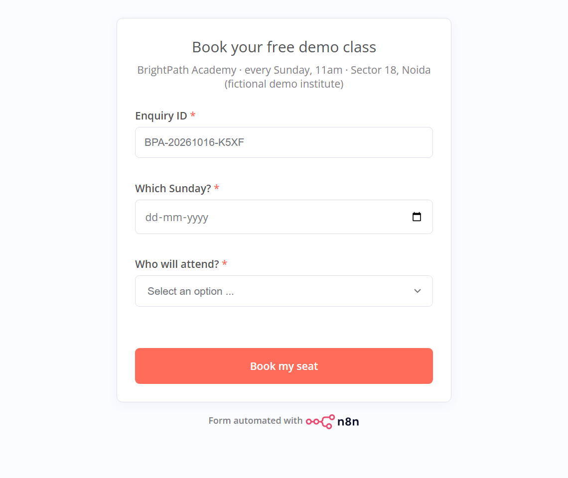 Book your free demo class form with the enquiry ID already filled in