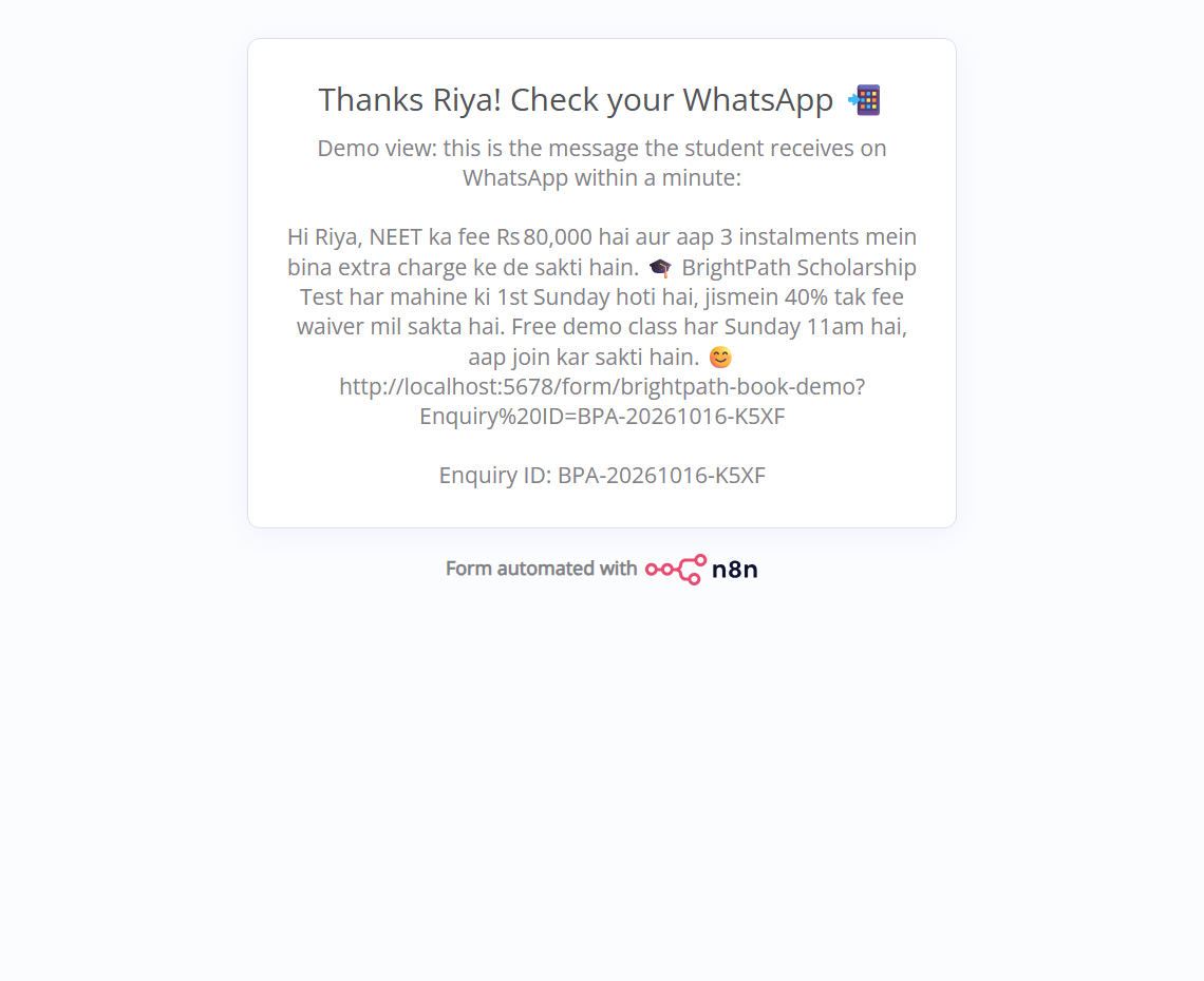 Confirmation page showing the Hinglish WhatsApp reply sent to the student